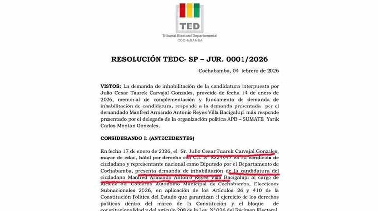 TED de Cochabamba ratifica la habilitación de Manfred Reyes Villa